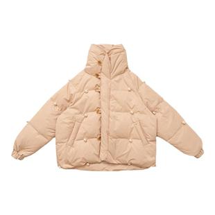 ZJ小众女装自制2024冬杏色90白鸭绒宽松加厚羽绒服翻领小个子外套