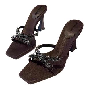 杨树林同款高跟鞋女2025年早春水钻超高跟凉拖鞋性感露趾一字凉鞋