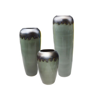 景德镇陶瓷花瓶落地金属玉兰窑变釉陶罐大码现代欧式客厅插花摆件