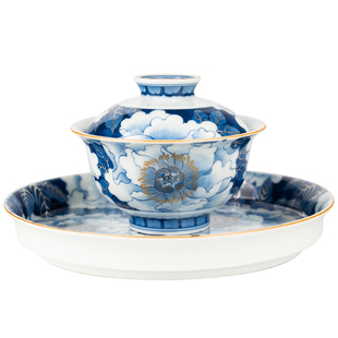 圣山原创手绘青花国色天香牡丹措金银陶瓷盖碗茶具泡茶盖碗