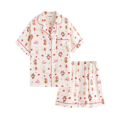 侘町2025新款圣诞厨师小熊短袖长裤睡衣女卡通夏天纯棉家居服夏季