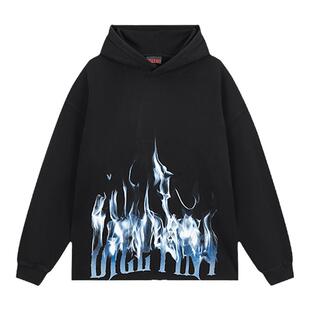 DICETINY字母火焰印花连帽卫衣男春秋季宽松套头情侣帽衫潮牌外套