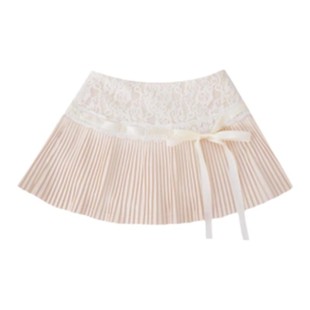 BBING甜饼 少女奈奈 蝴蝶结假两件长袖上衣&蕾丝拼接系带百褶短裙