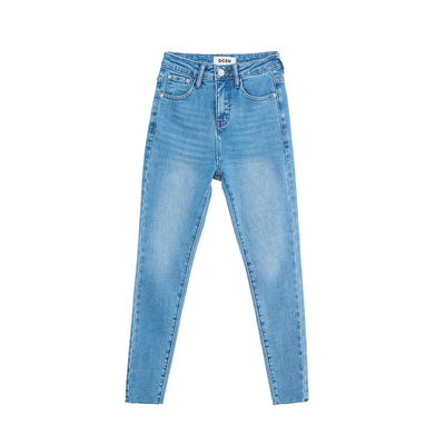 夏季薄款丰臀弹力毛边紧身小脚牛仔裤女高腰浅蓝色修身九分铅笔裤