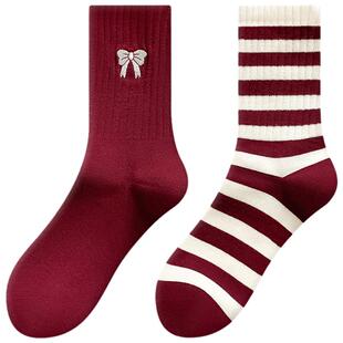 袜子女中筒袜春秋款纯棉安可拉红酒红色秋冬高筒蝴蝶结条纹堆堆袜