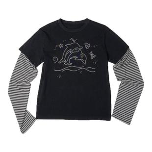 local aliens外星沙龙美式复古烫钻假两件长袖T恤条纹显瘦短内搭