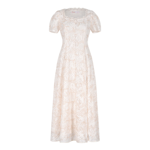 固执夏季新款气质纯色方领泡泡袖蕾丝高腰短袖a字中长连衣裙