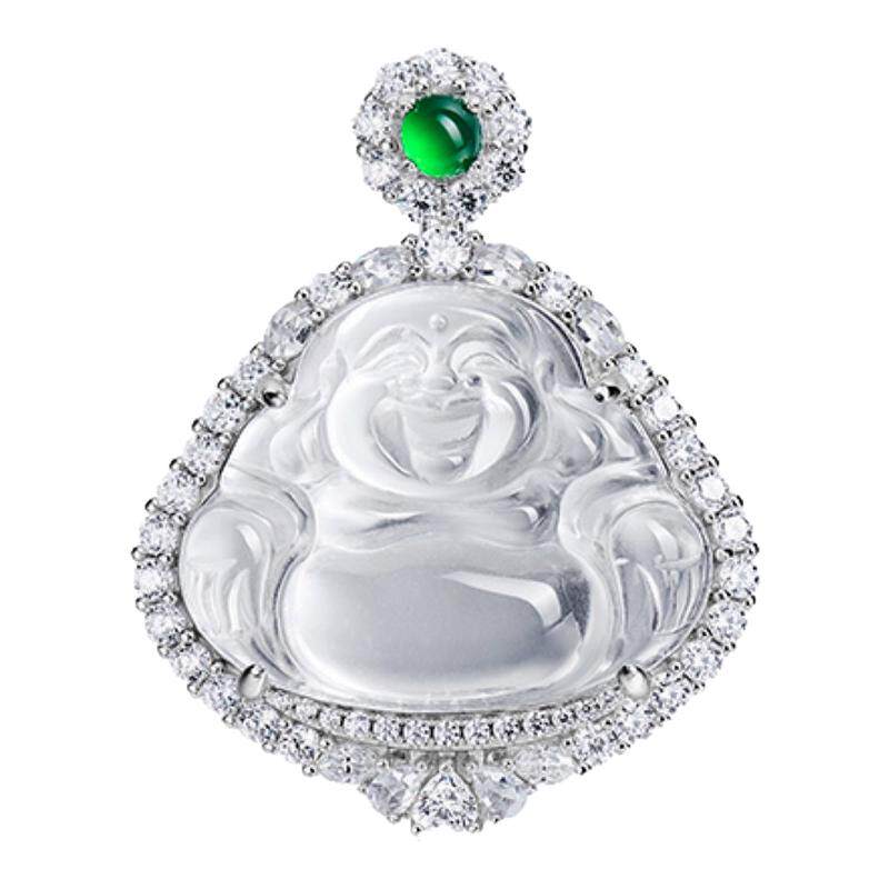 新中式国风20*25mm绿顶珠水沫玉小佛公吊坠项链925银女起刚感微棉