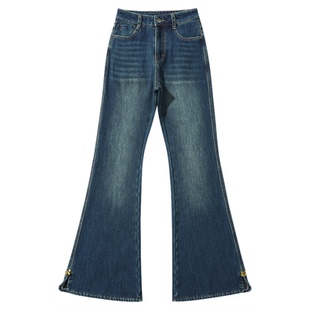 KZH真维斯开叉加绒牛仔裤女秋冬新款修身微喇裤复古高腰加厚长裤