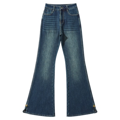 KZH真维斯开叉加绒牛仔裤女秋冬新款修身微喇裤复古高腰加厚长裤