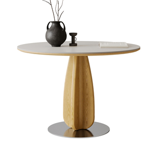 纯白岩板餐桌家用轻奢小户型全托胡桃木色包豪斯1.2米实木大圆桌