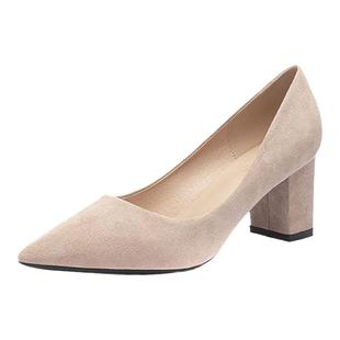 31-33小码裸色高跟鞋女职业新款尖头粗跟女单鞋黑色绒面工作鞋6CM