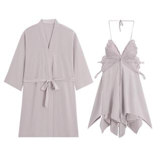 乐姿梦情侣睡衣春秋冰丝女性感吊带睡裙袍夏季家居服长袖男士套装