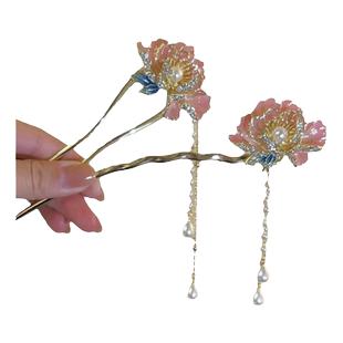 珐琅彩发簪古风女牡丹花u型发夹盘发汉服儿童新中式流苏花朵头饰