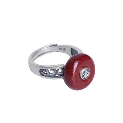 保真朱砂镶嵌纯银平安扣戒指男女