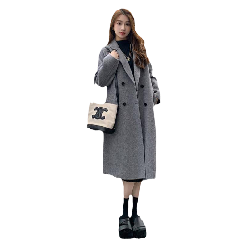 高级感灰色双面绒毛呢子大衣女2024春秋新款韩系宽松毛呢外套