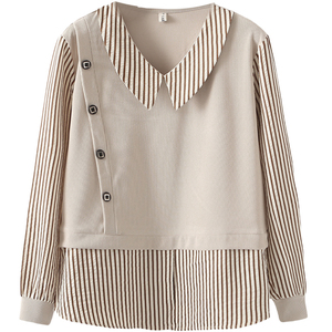 胖仙女莹莹大码女装胖mm2025春季休闲显瘦百搭拼接条纹假两件衬衫