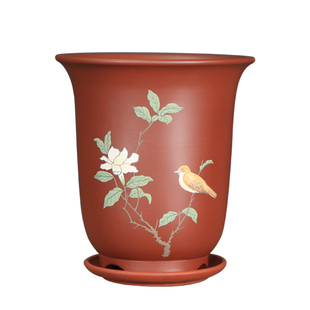 神力精品紫砂兰花盆大红袍彩绘京钟带托兰花盆古典中国风绿植花盆