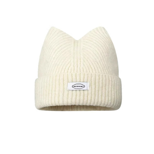 2025新款可爱猫耳朵字母贴布毛线帽子女秋冬季加厚保暖百搭包头帽