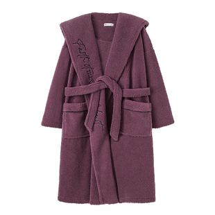 妮狄娅睡衣睡袍女冬季保暖半边绒连帽中长袍简约时尚休闲款家居服