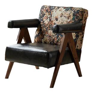 单人沙发椅复古实木椅子轻奢客厅休闲椅家用中古风沙发阳台靠背椅