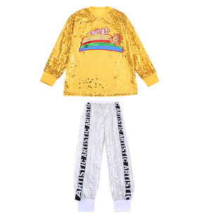 儿童啦啦队演出服男女童嘻哈街舞架子鼓潮服现代爵士舞蹈亮片长袖