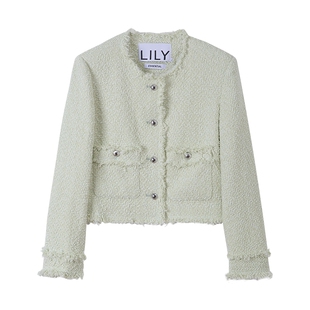 【商场同款】LILY2025新款女装气质小香风粗花呢绿色外套女短款