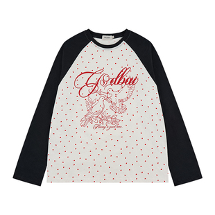 GOODBAI 春夏双鸽爱心撞色印花休闲宽松插肩袖长袖T恤女