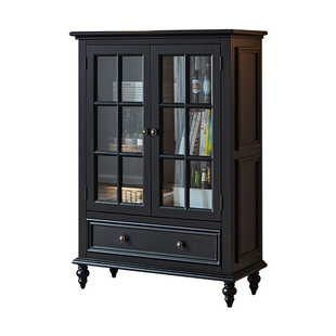 美式全实木酒柜黑色简约现代小户型客厅靠墙储物展示柜餐厅餐边柜
