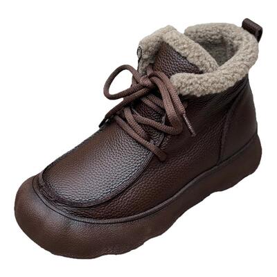 复古厚底真皮短靴女加绒加厚保暖系带马丁靴冬季二棉靴休闲毛毛鞋