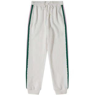 CNC女装 品牌logo提花针织裤女秋季侧边织带拼接白色运动束脚裤