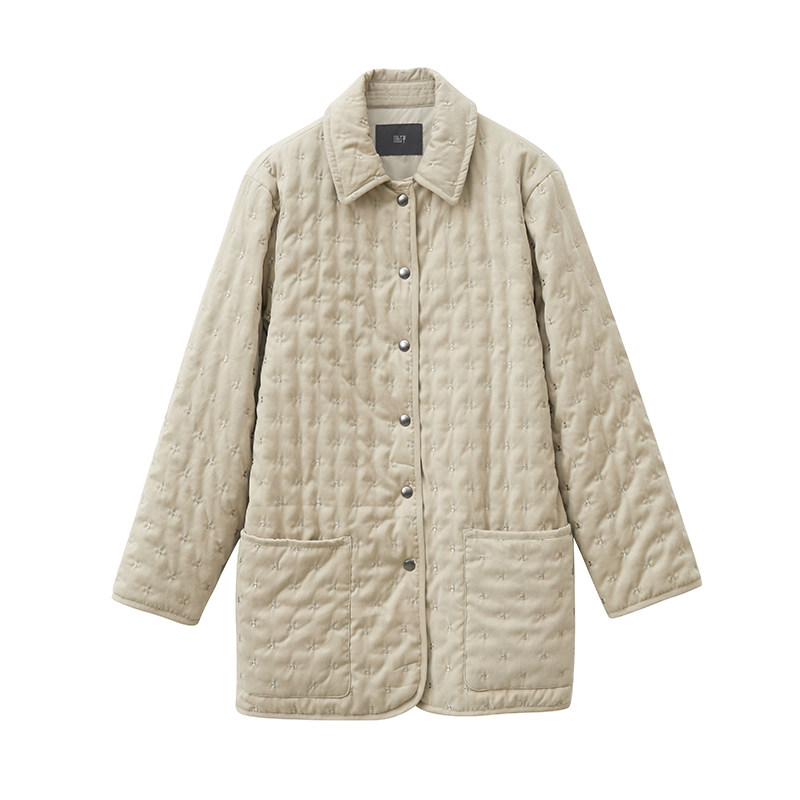 画伊2026秋冬新品刺绣翻领棉服复古宽松休闲轻薄中长款棉衣女外套