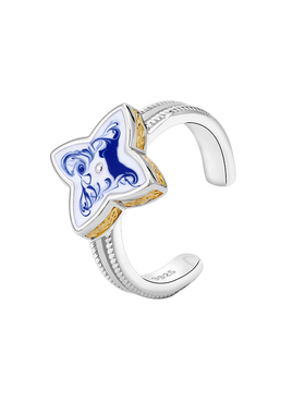 S925纯银蓝花开口可调民族风戒指