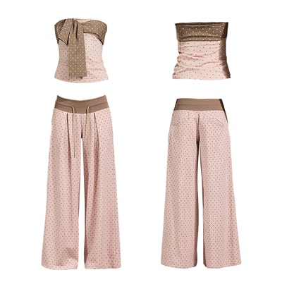 【黄饱饱同款】The NeverMore 原创粉色波点抹胸上衣女长裤两件套