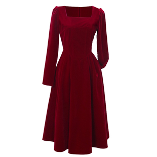 JUJU定制法式复古红色丝绒连衣裙显瘦高级感方领长袖裙子秋冬季女