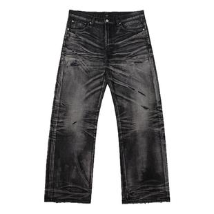 WIROTE威络 寒林破墨水墨黑康龙宽幅棹痕洗立体猫须宽松A字牛仔裤