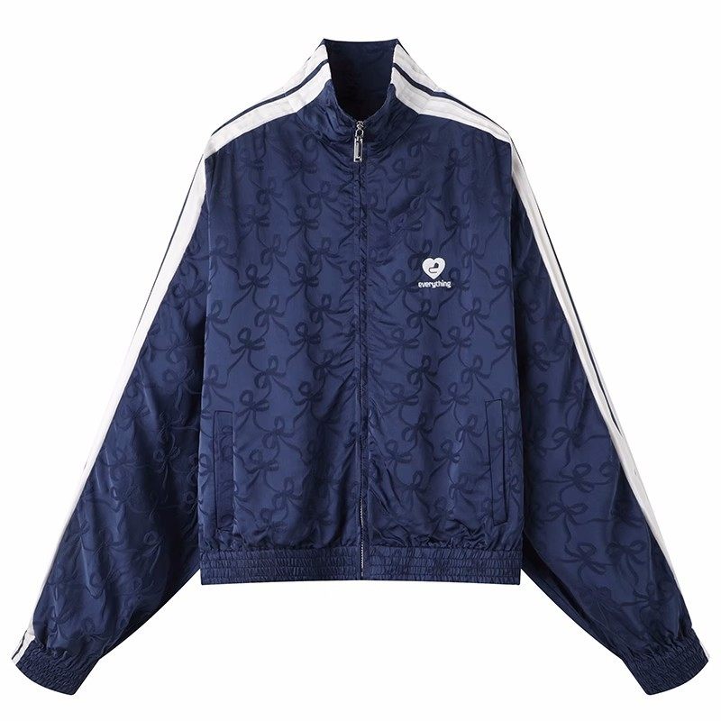 DAIZZE深蓝色蝴蝶结提花休闲时尚运动服套装女上衣松紧腰宽松长裤