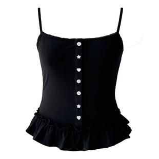 Narratorgirls粉白色碎花黑色贝母异形纽扣下摆花边弹力吊带背心T