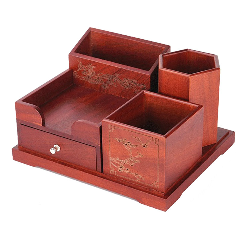 红木笔桶创意办公室多功能桌面中国风笔筒高级感收纳盒子摆件定制