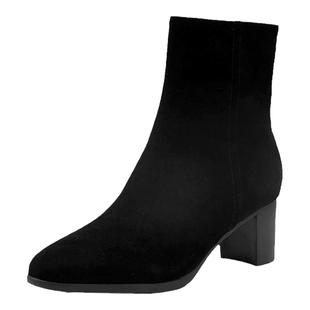 马内尔2025冬高跟短靴秋冬新款侧拉链休闲软底粗跟百搭瘦瘦弹力靴