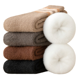 羊毛袜子男款中筒秋冬超厚保暖防臭毛绒袜条纹男士运动滑雪长筒袜