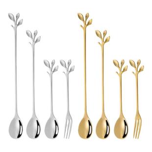 不锈钢树叶勺网红甜品勺搅拌勺咖啡勺欧式金色餐具家用勺可爱勺子