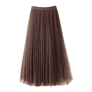 巨好看百褶裙2025网纱裙半身裙子长裙中长款秋冬款半裙女咖色黑色