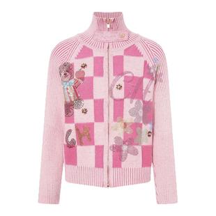 TCH少女粉学院风格子小熊烫钻双拉链针织开衫女秋冬款T75D43E1059