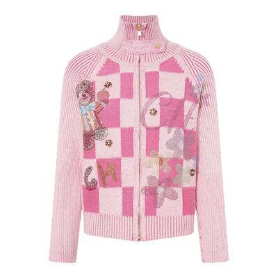 TCH少女粉学院风格子小熊烫钻双拉链针织开衫女秋冬款T75D43E1059