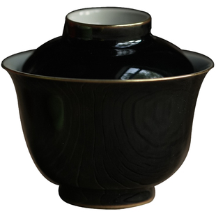 【赋山堂官方】黛墨秋葵盖碗手绘中式泡茶碗手工不烫手陶瓷茶具杯