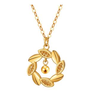 老庙黄金18K金橄榄枝幸运衔草环金珠项链吊坠O字链官方旗舰店正品