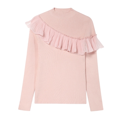 白鹿语套头高领拼接花边针织衫