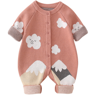 新生婴儿衣服可爱秋冬连体衣男女宝宝纯棉线针织毛衣满月爬服套装