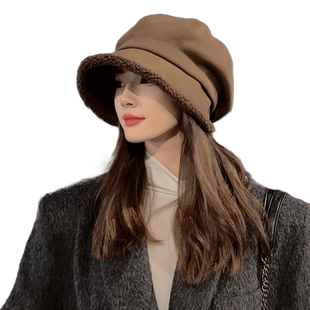 2025新款帽子女秋冬护耳加厚绒八角贝雷帽大头围显脸小渔夫帽防晒